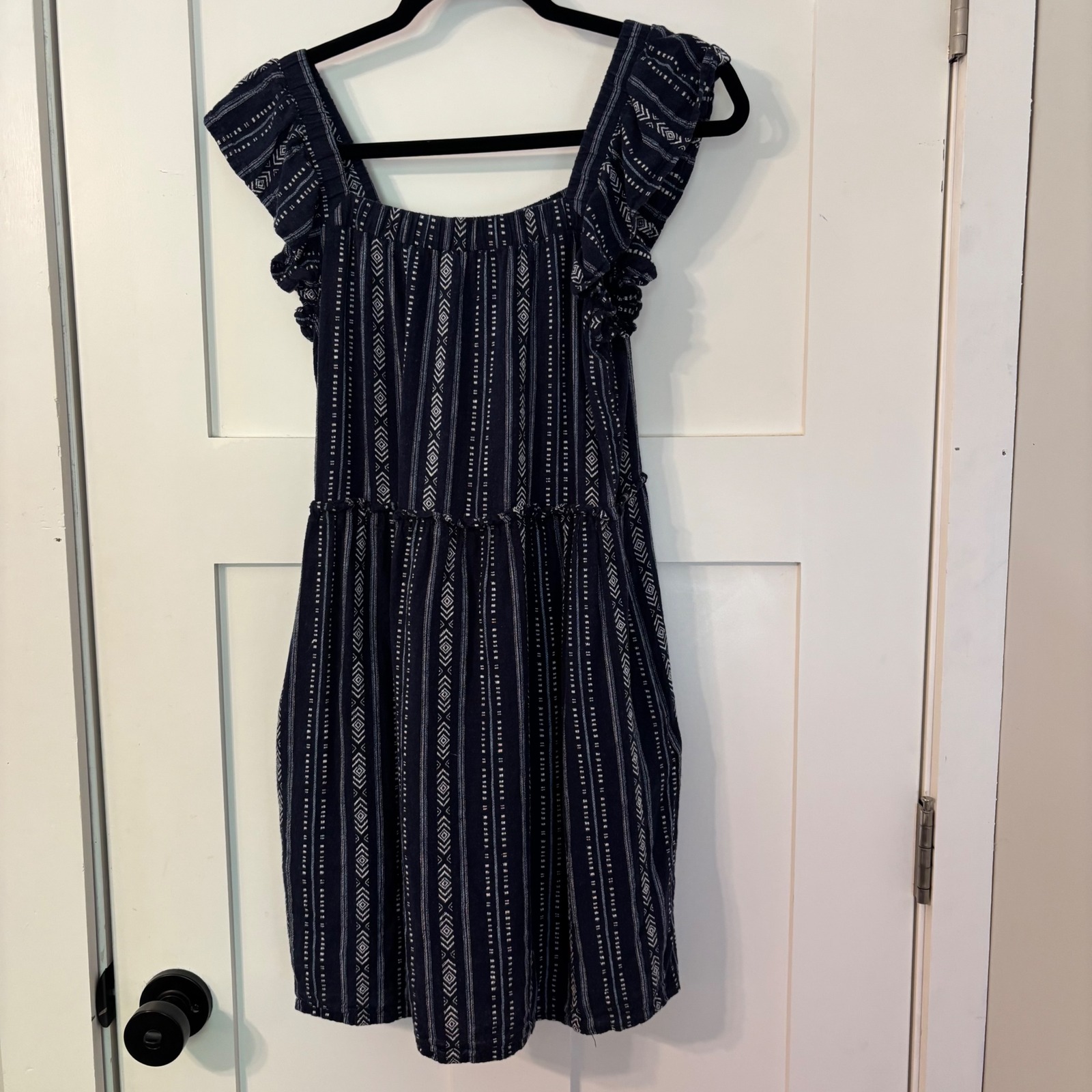 Womens Xs Navy Blue Tribal Stripe Ruffle Sleeve Mini Dress Pockets Boho Cottage